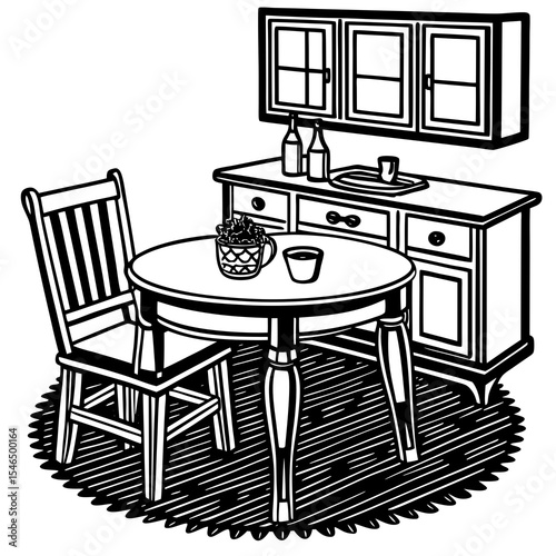 Dining room furniture with table chair and kitchen cabinet isolated