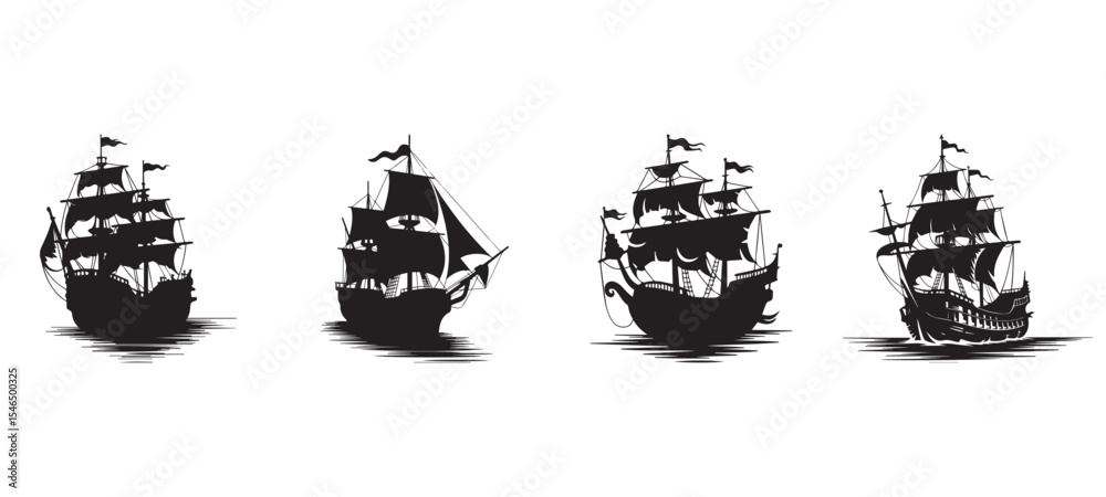 Fototapeta premium Pirate Ship Silhouette Set, Vintage Sailing Vessels on Sea