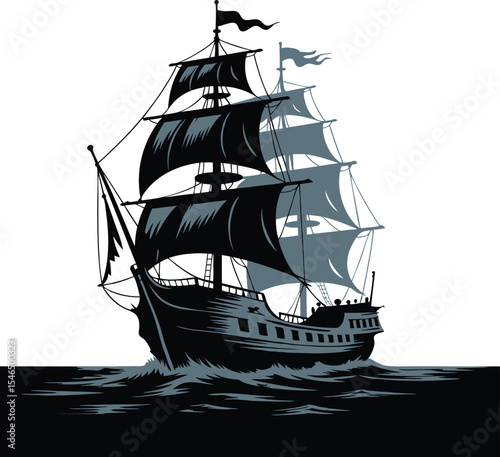 Vintage Pirate Ship Illustration, Classic Sailing Vessel on Ocean Waves