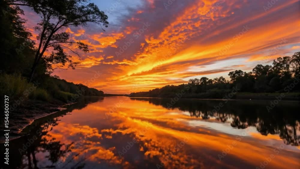 Golden hues of sunset paint the sky over the lake, with vibrant orange and red clouds reflecting on the still water, creating a beautiful nature landscape on the horizon Horizontal 4K nature video
