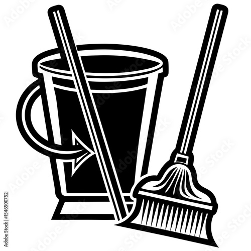 Cleaning bucket and broom for housekeeping isolated on white background