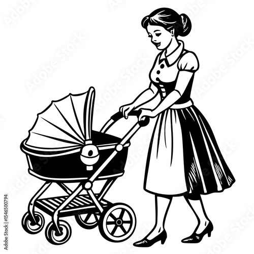 Woman pushing baby stroller in black and white vintage style