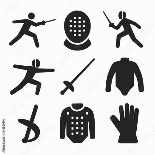Fencing Sport Icons & Equipment Silhouettes