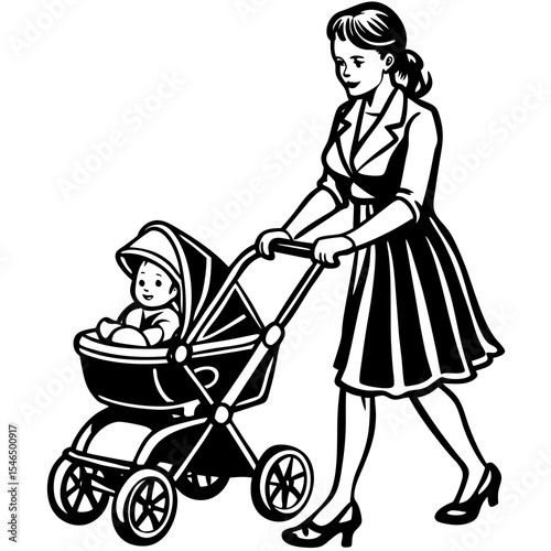 Mother pushing baby stroller isolated on white background