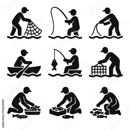 Fishing Activities & Fisherman Icons Set