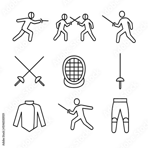 Fencing Sport Figures & Gear Outline Icons