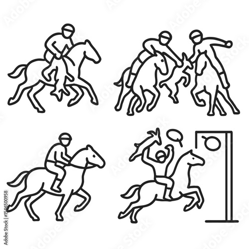A unique set of line art icons depicting Buzkashi, a traditional Central Asian equestrian sport often referred to as "goat polo."