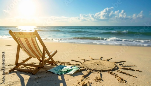 Deckchair With Euro Bills On A Beach With A Sun Drawn On The Sand