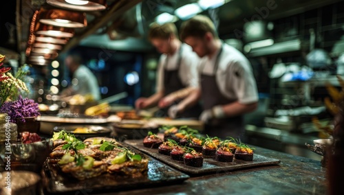 A group of chefs are preparing food in a kitchen