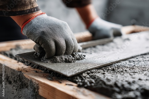 Worker applies finishing touch to freshly poured concrete mix at construction site during daylight hours