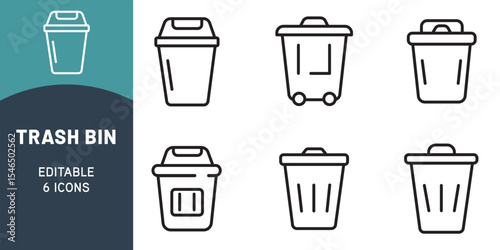 Trash Bin Icon Set – Outline Style Waste, Recycling, Solar, and Eco-Friendly Symbols for Sustainable Living
