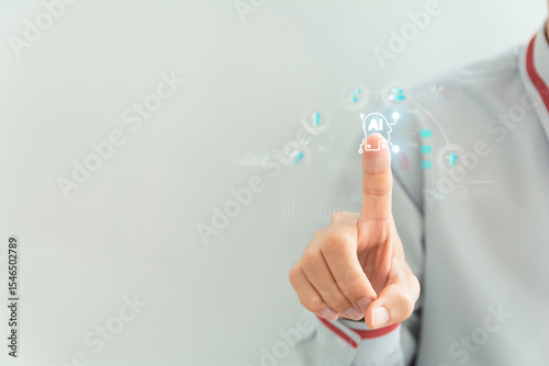 Hand touching AI hologram. Concept of artificial intelligence, future technology, and digital interaction.