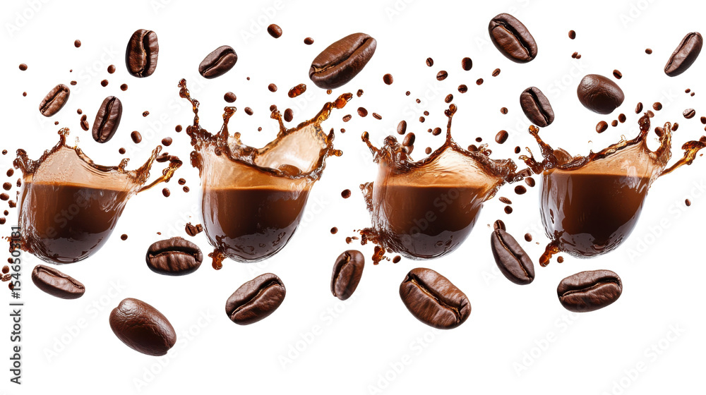 Obraz premium Set of delicious coffee beans splashing into coffee syrup on white background 