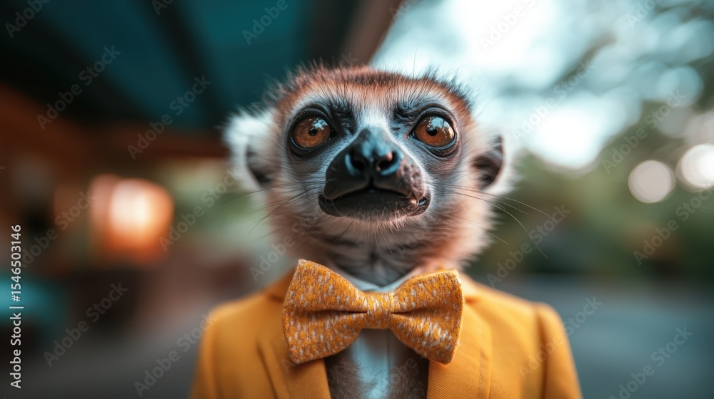 Obraz premium A whimsical portrait of a lemur dressed in a vibrant bow tie, exuding charm and character against a soft natural backdrop that highlights its playful demeanor.