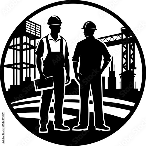 Construction workers engineers at building site silhouette illustration