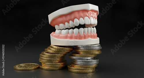 Dentures Resting on Stacks of Gold and Silver Coins