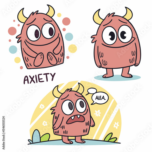 Three cartoon monsters showing different levels of anxiety and emotional expression in a colorful scene