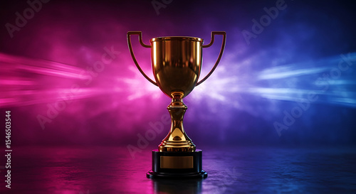 Gold Trophy Award on Dark Background with Pink and Blue Lighting