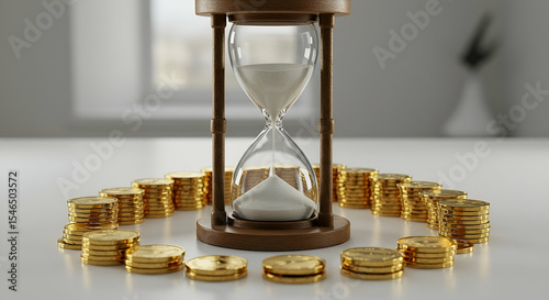 Hourglass and Gold Coins on White Background