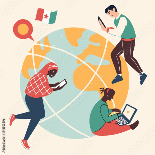 Diverse people interacting with technology around a globe with a flag and speech bubble icon