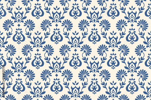 Ikat floral embroidery pattern with blue ethnic damask elements in traditional seamless design, abstract illustration for fabric, clothing, textile texture, decoration and fashion surface.