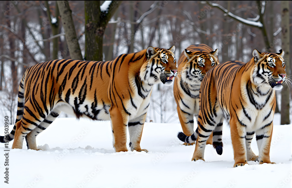 Obraz premium Three Tigers in the Snow