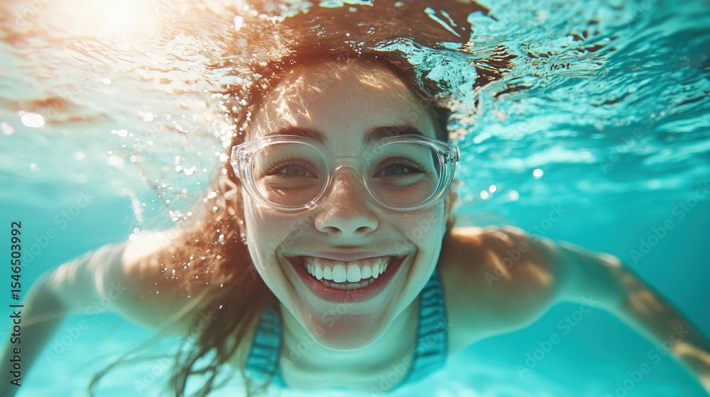 Fototapeta premium Beneath the surface, a young woman wearing stylish goggles beams with joy while swimming, capturing a carefree essence of summer and fun in a vibrant underwater scene.