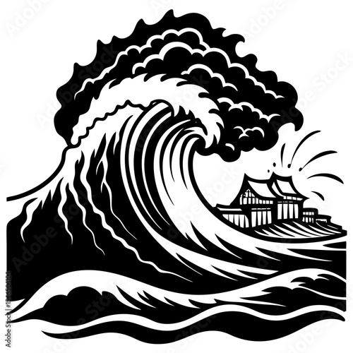 Tsunami wave approaching houses near the sea