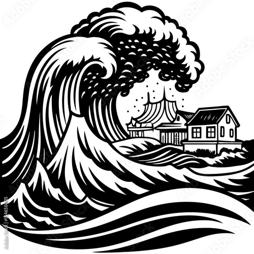 Tsunami wave approaching houses by the sea