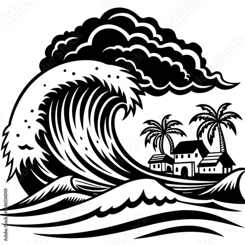 Tsunami wave approaching houses on a tropical island with palm trees