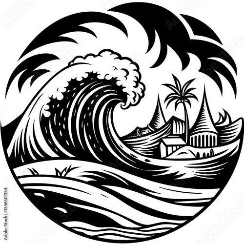 Tsunami wave approaching houses on a tropical island in a circle