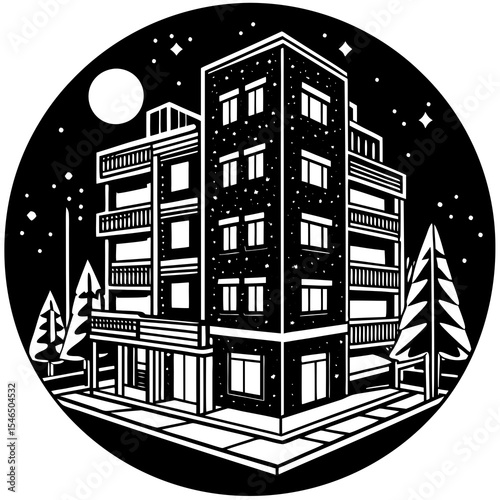 City building landscape with moon and stars isolated on white background