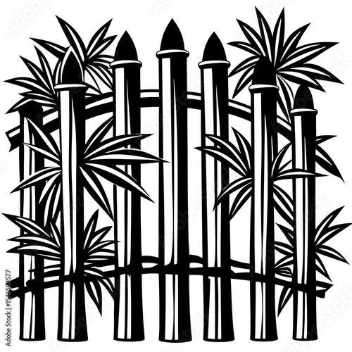 Bamboo fence with leaves isolated on white background