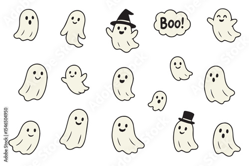 Set of cute ghost. Collection of sweet flying spirit. Halloween symbol. Boo. Vector illustration for greeting card.