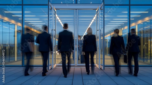 A group of professionals leaving a modern office building at dusk, creating a dynamic and busy atmosphere.