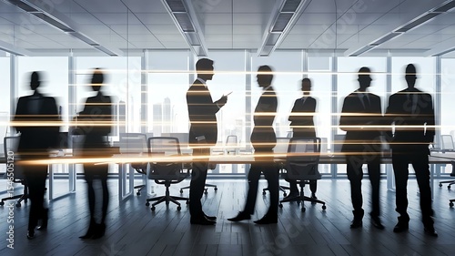 Silhouetted professionals in business attire engaged in discussion in a modern office environment.