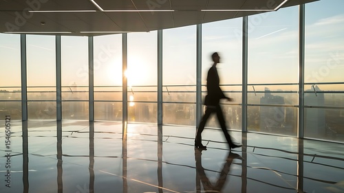 A silhouette of a business professional walking in a modern office space with panoramic windows during sunrise.