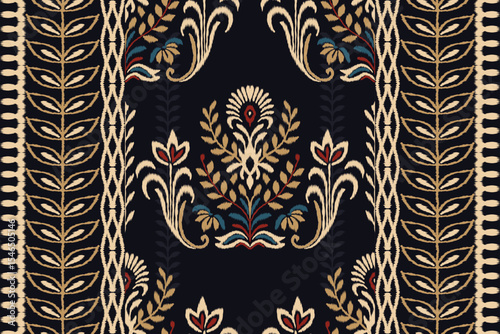 Ikat floral pattern with traditional embroidery damask elements in seamless style, ethnic illustration with abstract textile texture design for fabric, clothing, and decoration use.