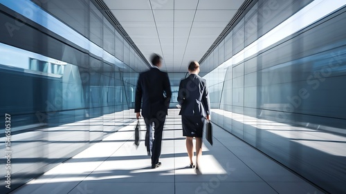 A man and woman in business attire walking together through a modern corridor, exuding professionalism and collaboration.
