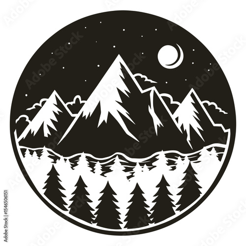A circular monochromatic landscape. Dominating the scene are towering snow-capped mountains, with their peaks sharply contrasting against the night sky