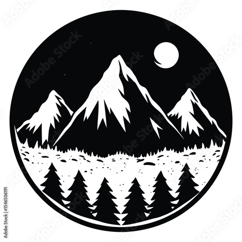 A circular monochromatic landscape. Dominating the scene are towering snow-capped mountains, with their peaks sharply contrasting against the night sky