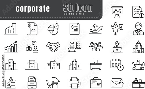 Corporate Business Line Icons Set – Office Management, Strategy Planning, Teamwork, Leadership, Company Growth Symbols in Minimal Style