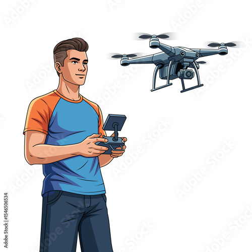 illustration of a man controlling a drone with remote, vector cartoon style