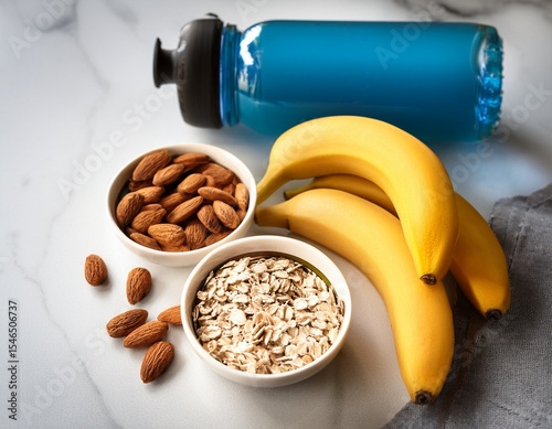 healthy pre workout snacks with bananas almonds oats and water bottle on marble surface
