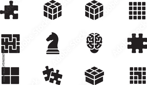 Black and White Line Art Icons Set Puzzles Cubes Brain Knight Strategy Games Logic Thinking Solutions