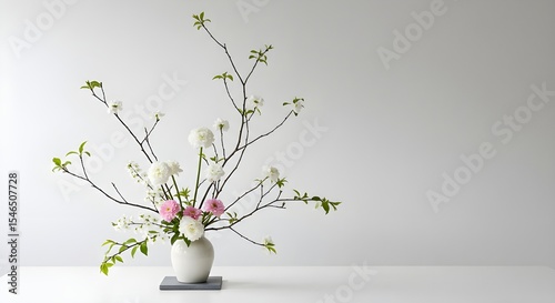 Zen Floral Display: An artful arrangement of delicate white and pink flowers and branches is meticulously presented, a perfect embodiment of balance and serene beauty.