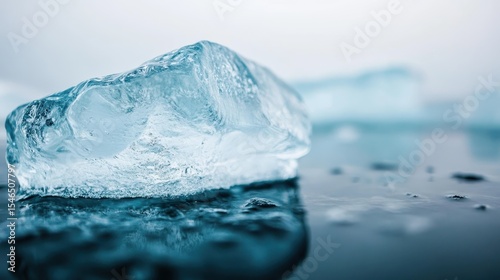 A stunning close-up of a crystal-clear ice cube resting on a smooth surface, capturing the intricate textures and reflections that evoke feelings of clarity and coolness.