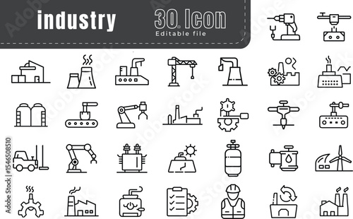 Industry and Factory Line Icons Set – Manufacturing, Industrial Equipment, Production Plant, Engineering, Heavy Machinery Symbols in Minimal Style
