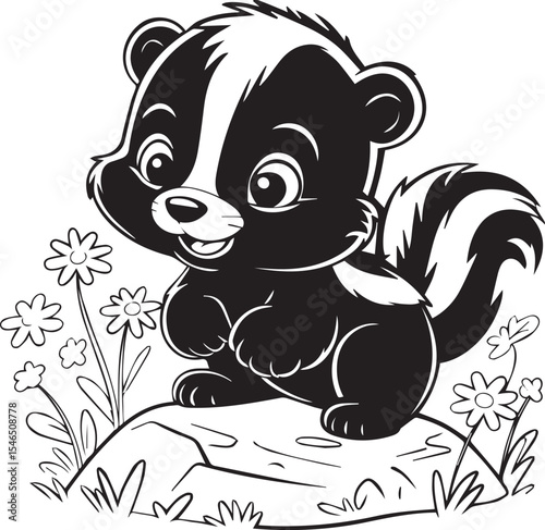 Cute Baby Skunk Cartoon Illustration - Black and White Adventure Art