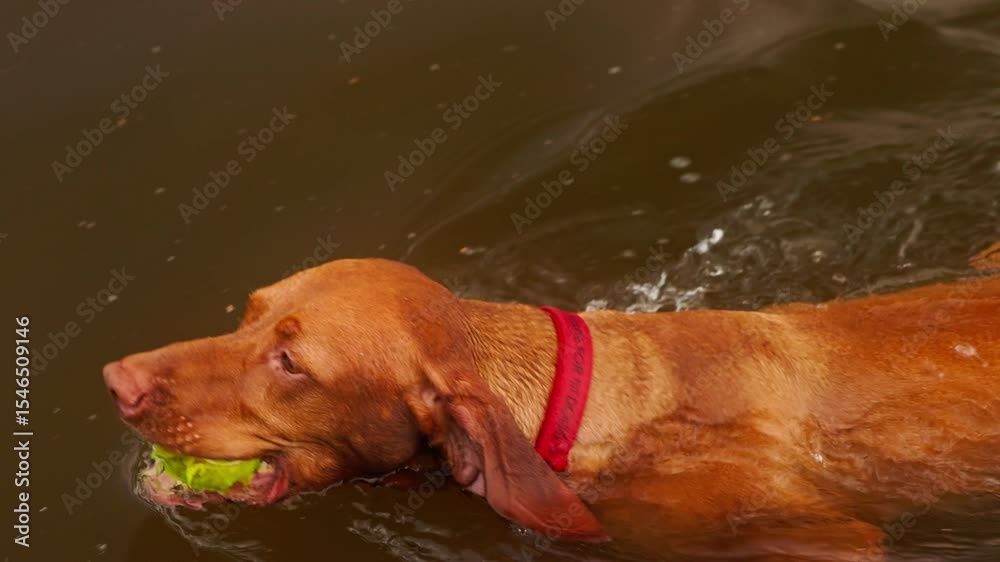 A joyful Vizsla splashes through calm waters, excitedly fetching a bright green ball on a sunny afternoon.
